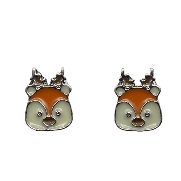 Reindeer Stud Earrings Silver Tone Metal Enamel Paint - Picture 1 of 6